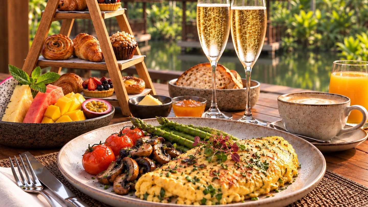 Champagne breakfast on the terrace with omelet, grilled vegetables, pastries, fresh fruit, and orange juice at the banjaran hotsprings retreat, pomelo restaurant
