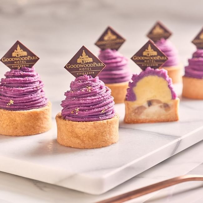 Closeup of mini cupcakes served at Goodwood Park Hotel
