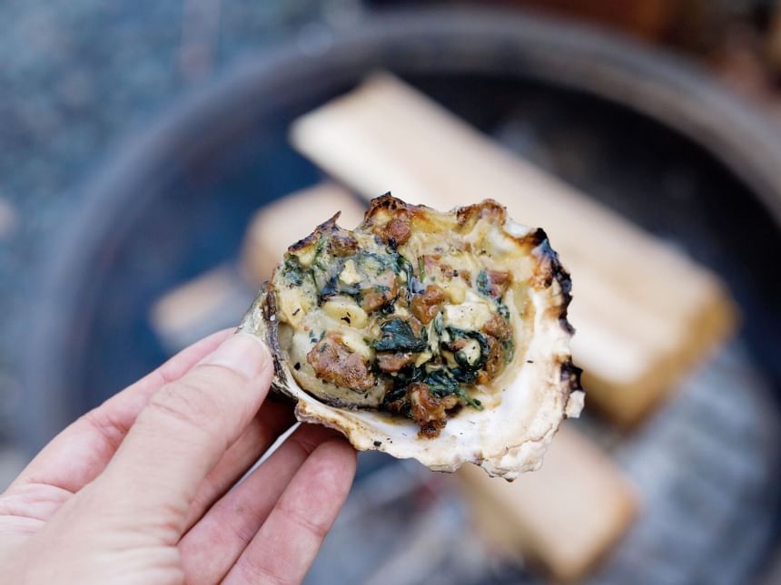Close-up of an oyster with fillings at Alderbrook Resort & Spa