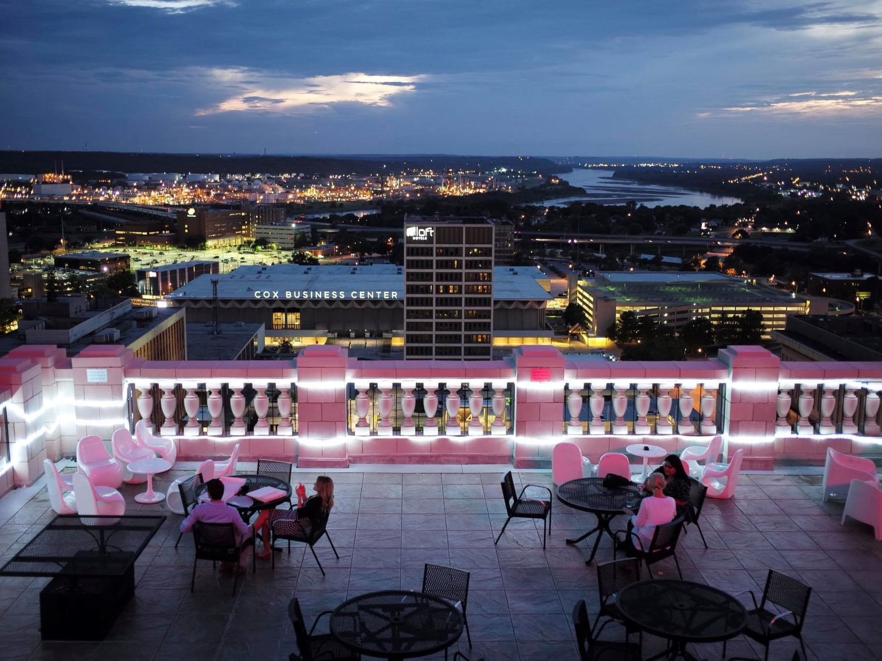 Arranged table set-up in Penthouse Rooftop Bar, The Mayo Hotel