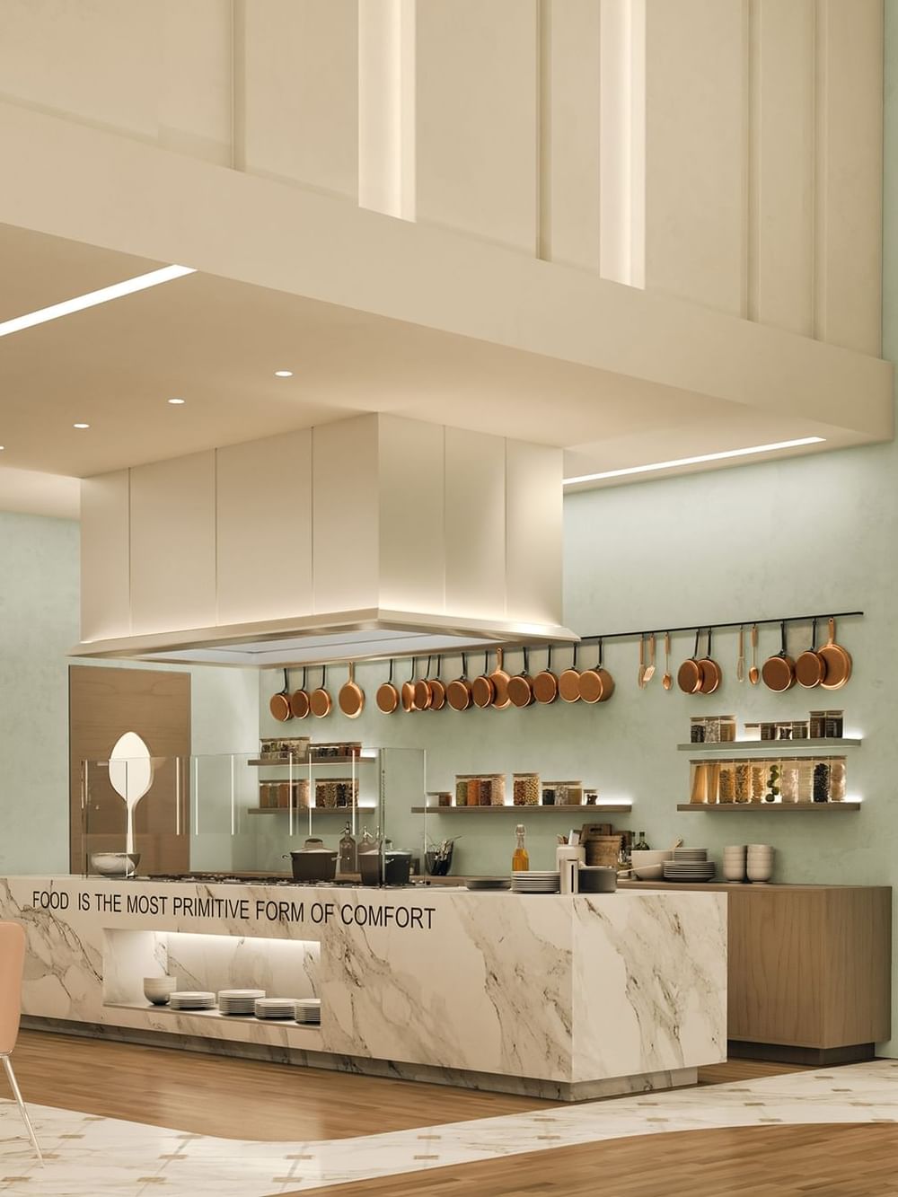 The Med features Copper pans hanging by a marble counter under a large white vent hood at Cantonal Hotel by Warwick Riyadh