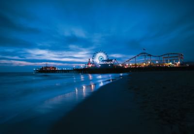 Santa Monica Pier lit up at night