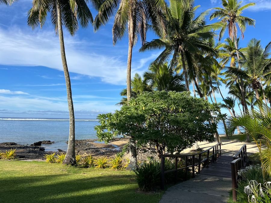 Boardwalk and lush tropical trees near the beach at Tambua Sands Beach Resort.