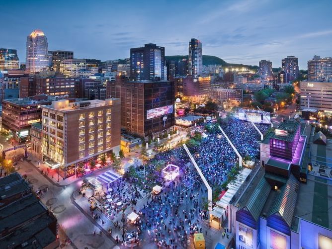 Aerial view of Quartier des Spectacles near Travelodge Montreal Centre