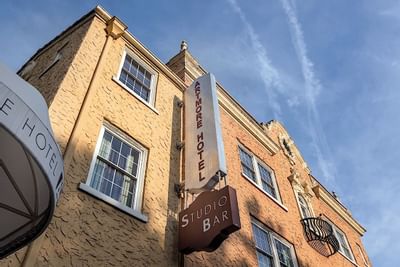 Low angle view of the hotel sign at Artmore Hotel