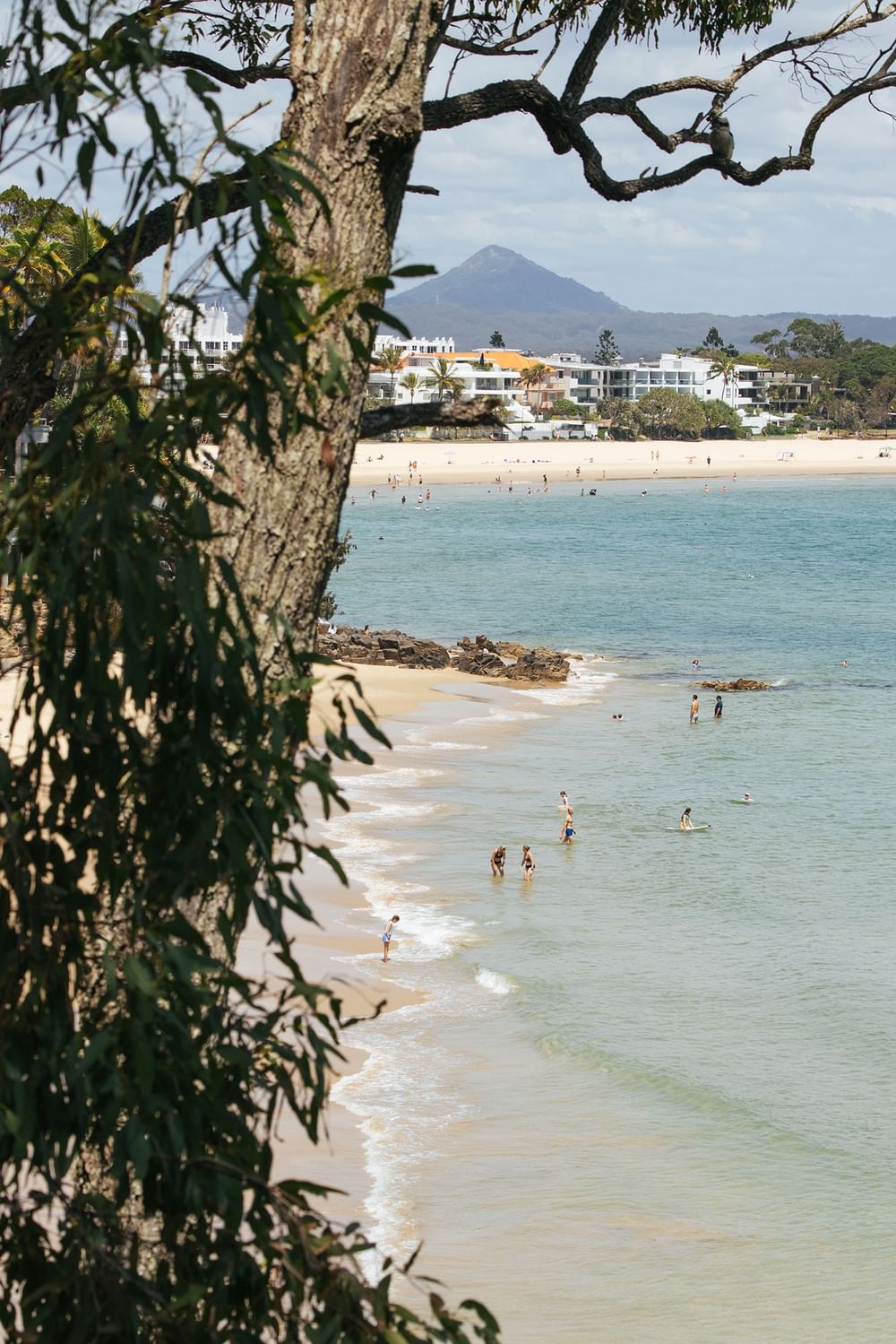 View of a bustling beach with swimmers and surfers at Elysium Hotels