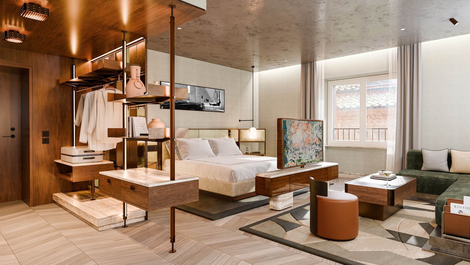 Modern suite with a king bed, stylish decor, and a cozy lounge area filled with natural light at Thompson Rome by Hyatt