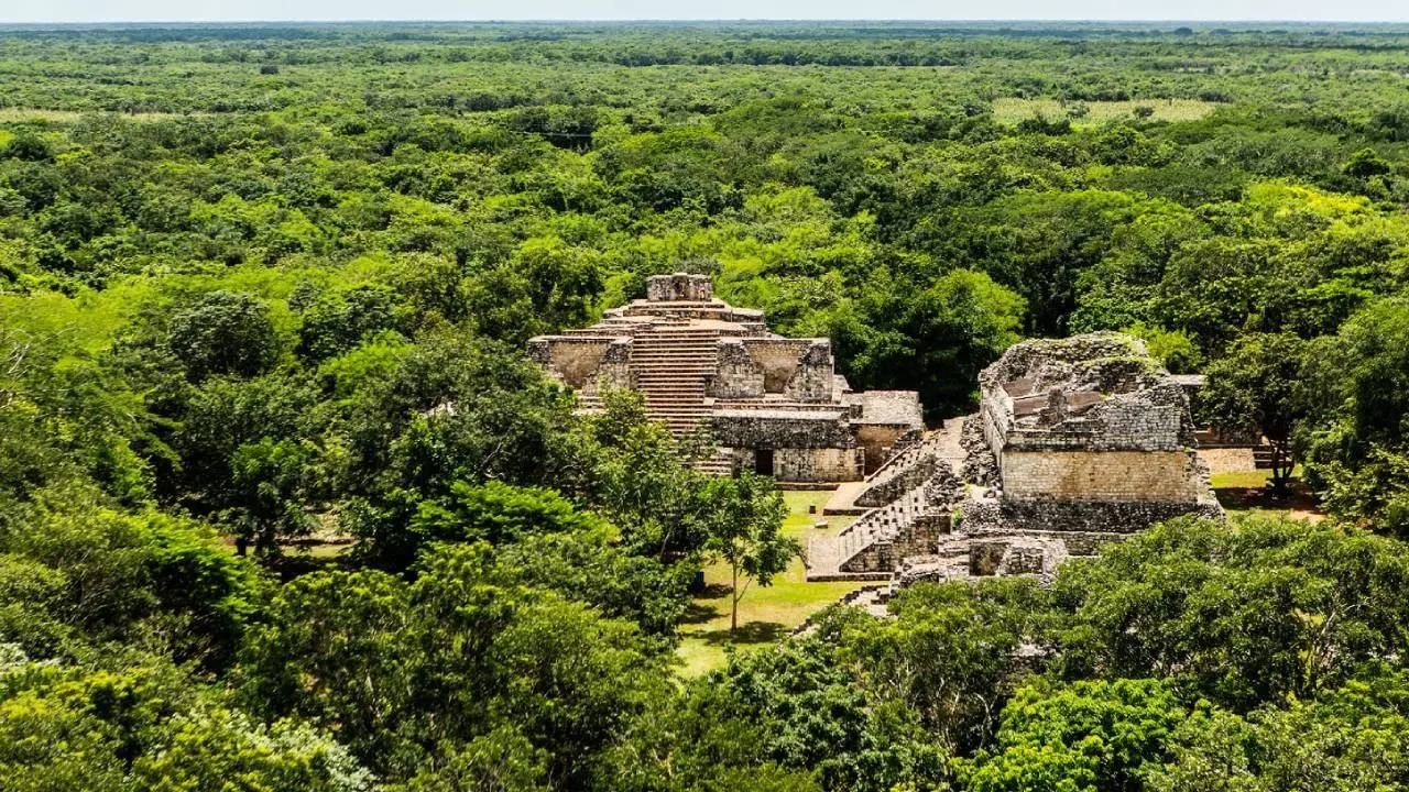 Ancient ruins in a clearing surrounding green trees under a vast tropical canopy at Camino Real Pedregal Mexico