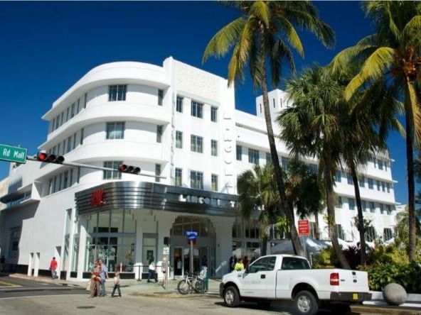 Lincoln Road Mall on a corner with curved lines and a large silver marquee near Tradewinds Apartment Hotel