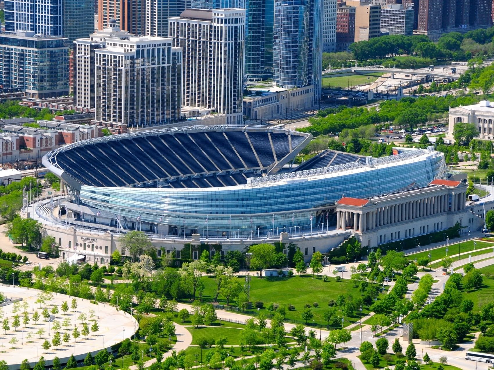 Aerial view of the Soldier Field near Hotel Saint Clair