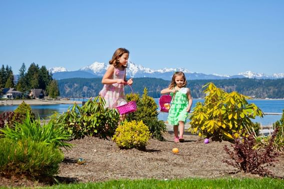 Two girls hunting for Easter eggs at Alderbrook Resort & Spa