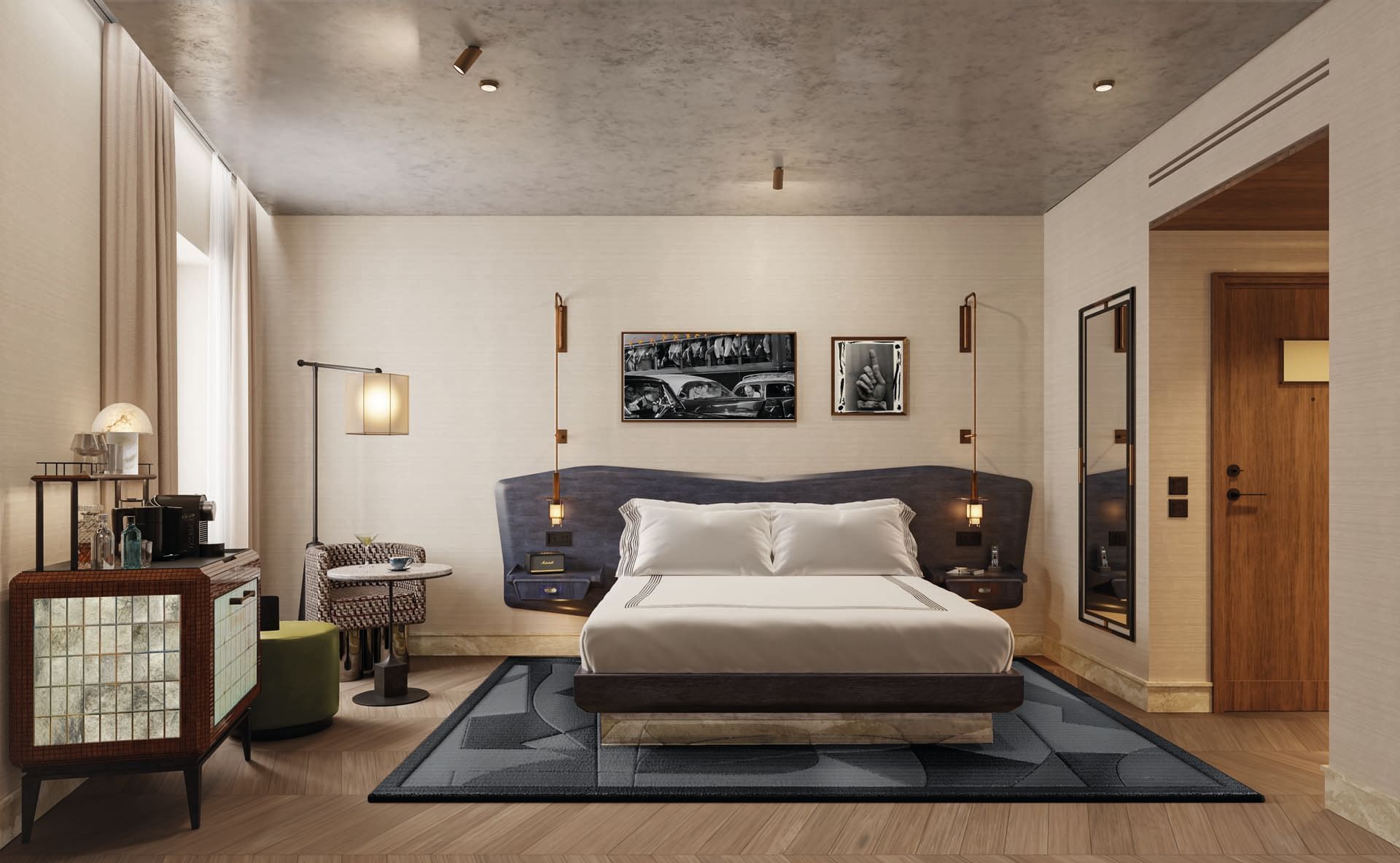 Stylish room with a king bed, modern decor, abstract rug, and warm wooden accents at Thompson Rome by Hyatt