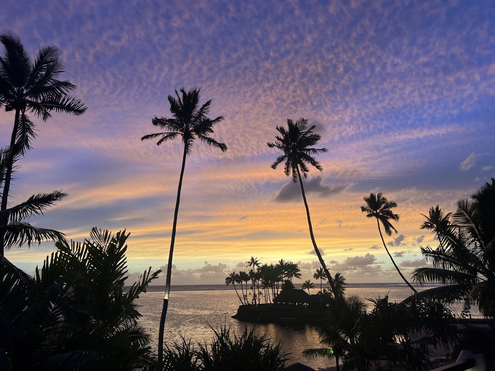 Silhouette of palm trees and huts by the ocean under a purple and gold sky at Warwick Fiji Resort and Spa
