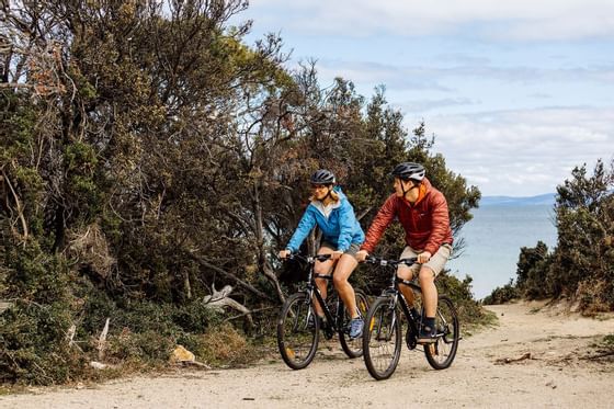 Couple riding bikes on a trail near Freycinet Lodge