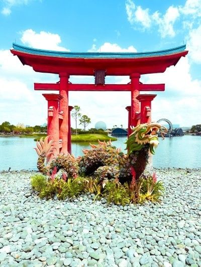 The Japan Pavilion overlooking a sparkling lagoon bordered by the World Showcase at Walt Disney World's EPCOT theme park near Rosen Inn at Pointe Orlando, a budget-friendly hotel on International Drive in Orlando.