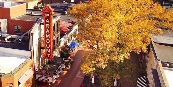 Aerial view of historic Paramount theater with vertical red sign and autumn trees with golden foliage at The Clifton