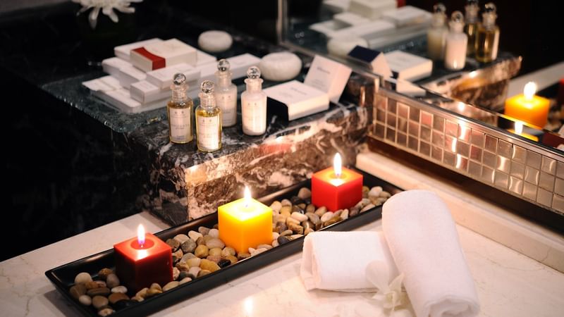Bathroom vanity with amenities in Senior Suite at Al Hamra Palace by Warwick Riyadhd