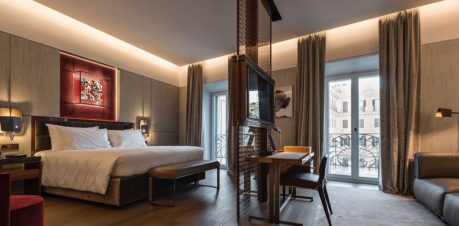 Bedroom with balcony in Palazzo Suite 2 at Fendi Private Suites