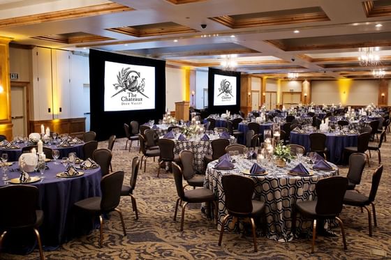 Banquet table set-up in Impressionist Ballroom at Chateaux Deer Valley