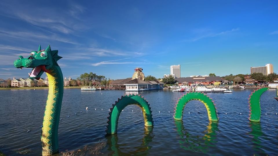 Dragon in the water of Legoland near Legacy Vacation Resorts