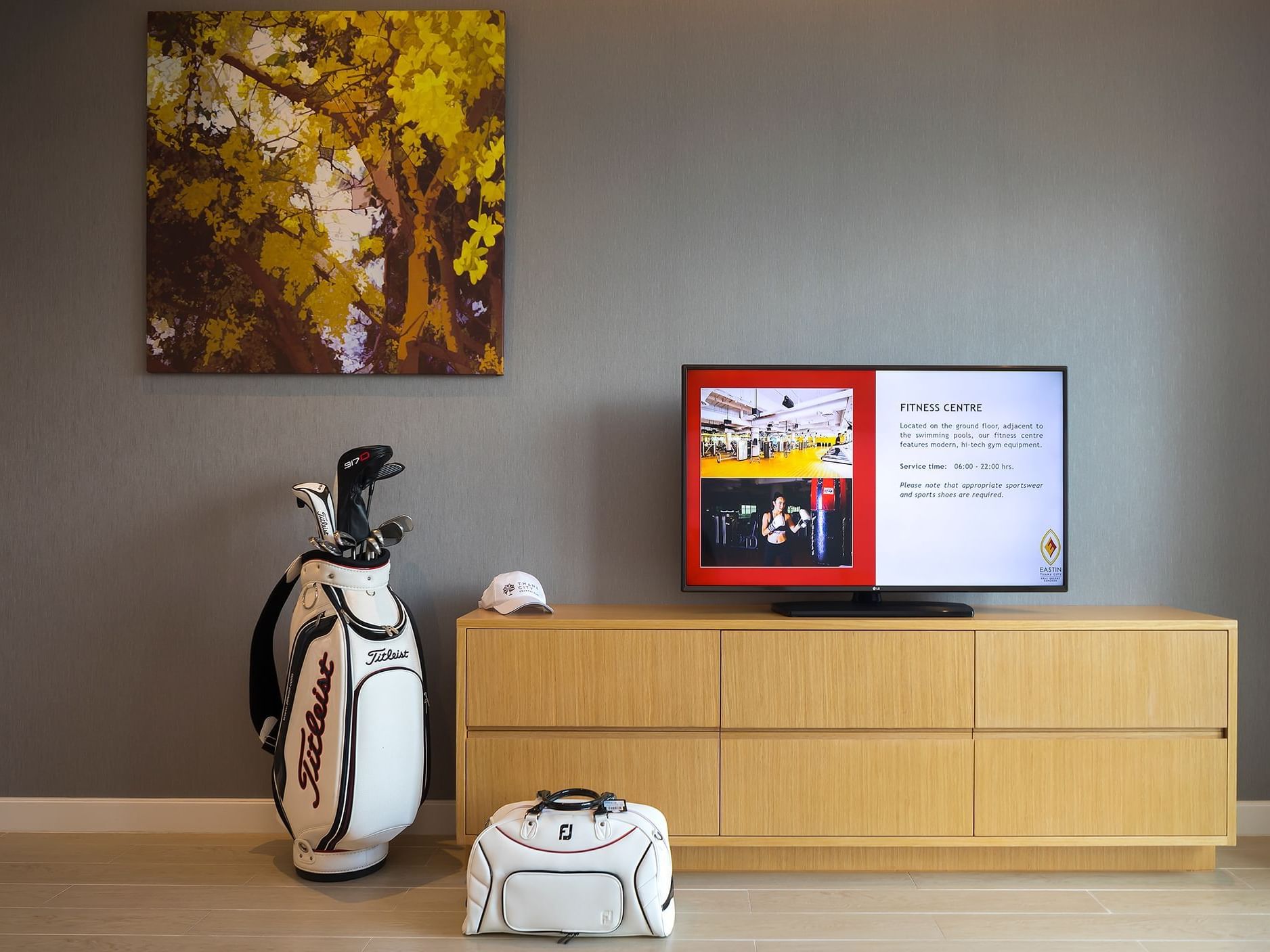 Painting & Golf bag by the TV stand in One Bedroom Golf Course View Suite at Eastin Thana City Golf Resort Bangkok