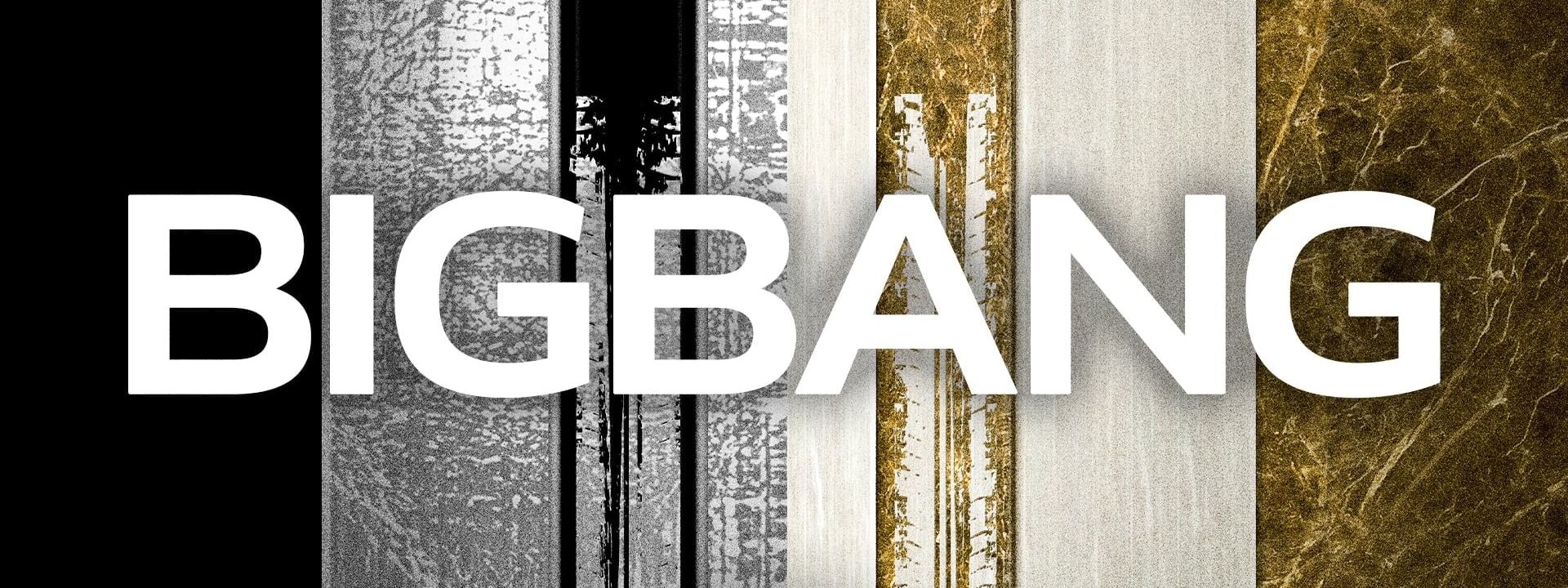 Promotional graphic with bold white BIGBANG text over metallic silver and gold textured vertical panels for the 2026 world tour.