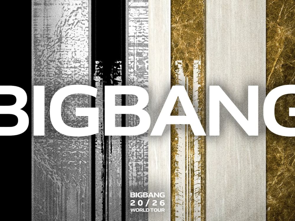 Promotional graphic with bold white BIGBANG text over vertical metallic panels in silver, gold, and bronze tones.