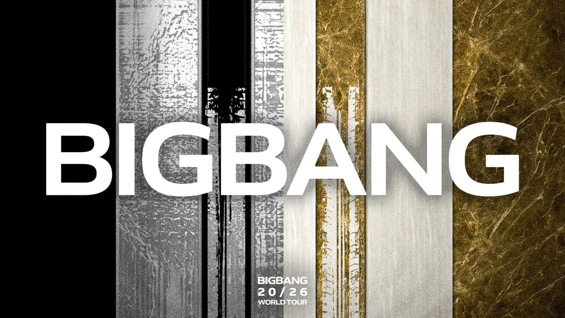 Promotional graphic with bold white BIGBANG text over vertical metallic panels in silver, gold, and bronze tones.