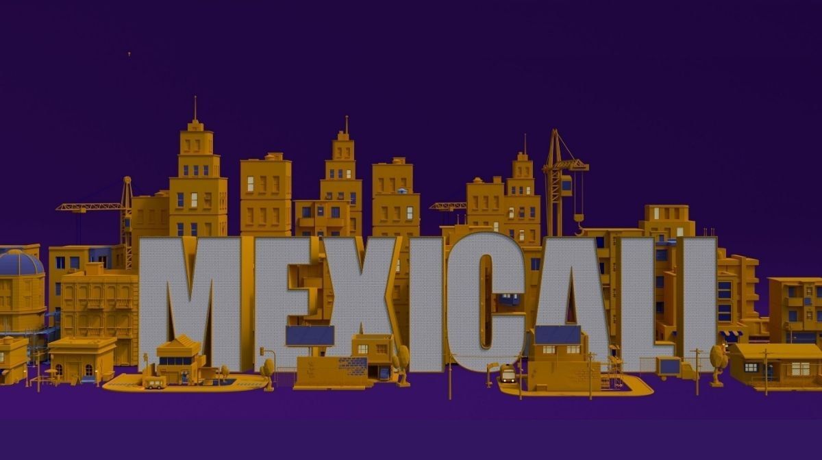 3D Mexicali city skyline illustration with yellow buildings on purple at Camino Real Pedregal Mexico