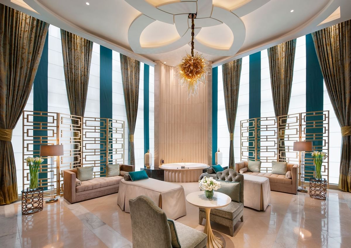 Crown Spa lobby with sofa & city view at Crown Hotel Melbourne