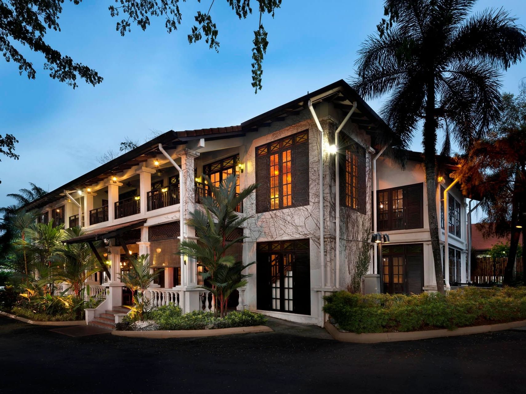Exterior low angle view of RP and Whisky Bar at dawn in Saujana Hotel Kuala Lumpur