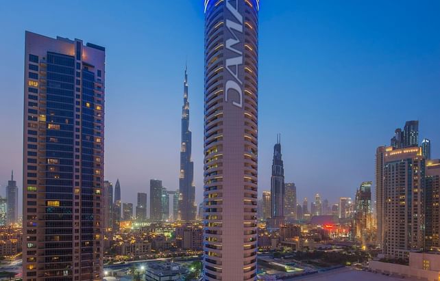 Exterior evening view of DAMAC Maison Distinction, 5 stars hotel in Dubai