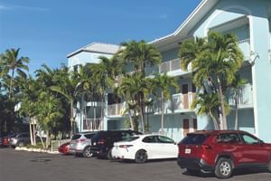 The exterior view of Bayside Inn Key Largo lined with palm trees from the parking lot. 