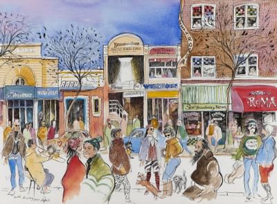 A whimsical watercolor painting of a bustling Seattle street scene with shops and people at The Paramount Hotel Seattle