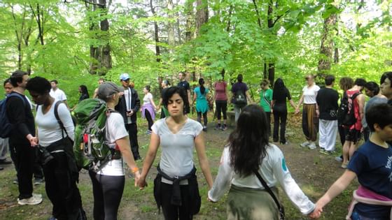 People holding hands at an outdoor activity at Honor's Haven