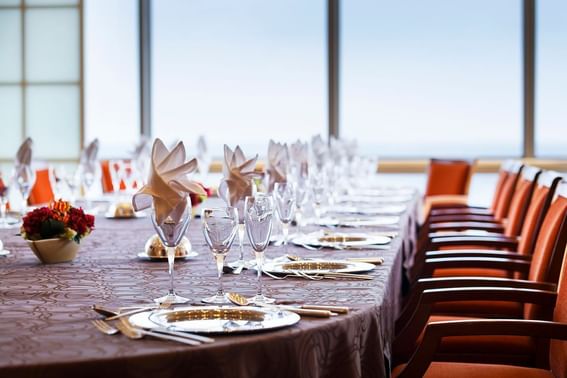 Elegant dining table set up in an event room at Grand Park Otaru