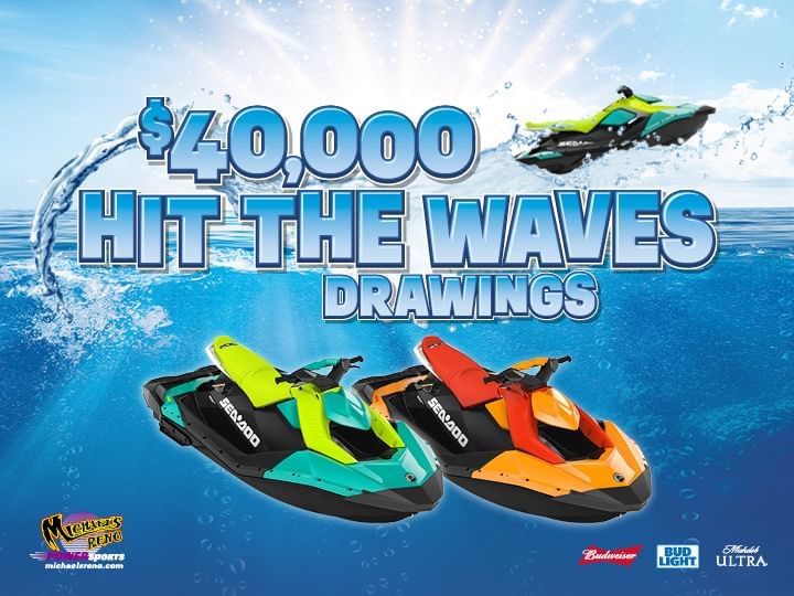 $40,000 Hit the Waves Drawings Logo with a pair of Sea-Doos against a water background