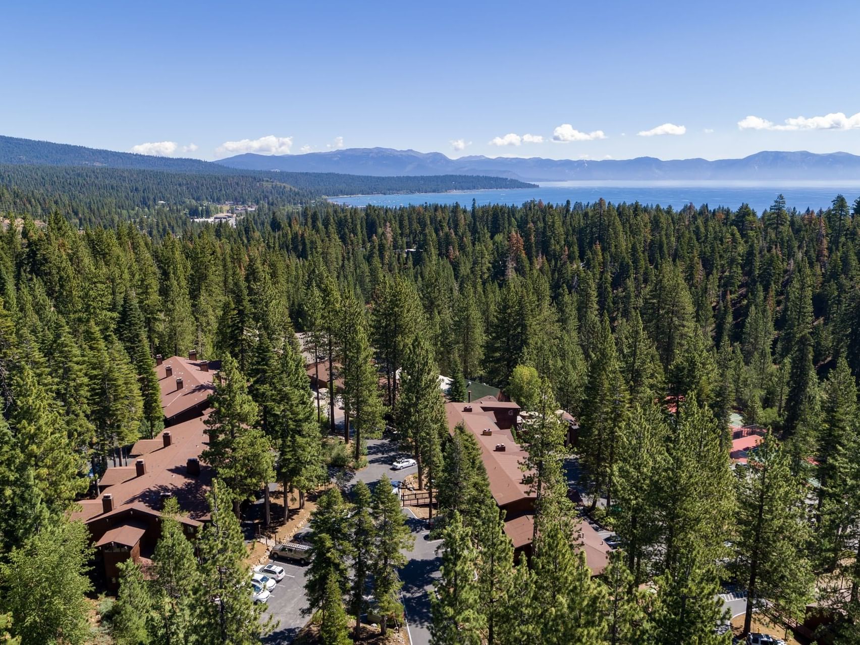 Aerial view of the resort & lake at Granlibakken Tahoe