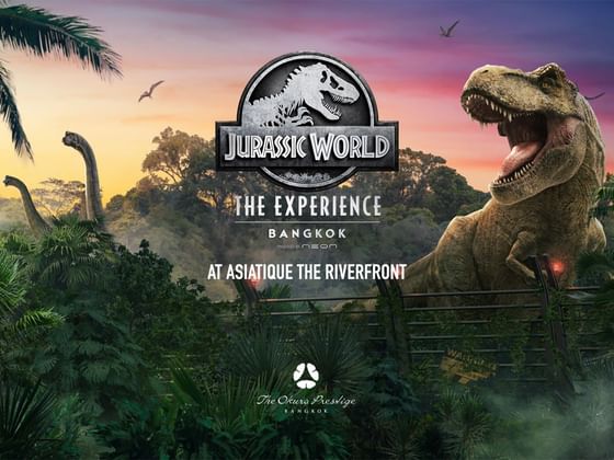 Jurassic World Experience event poster with dinosaurs and jungle at The Okura Prestige Bangkok