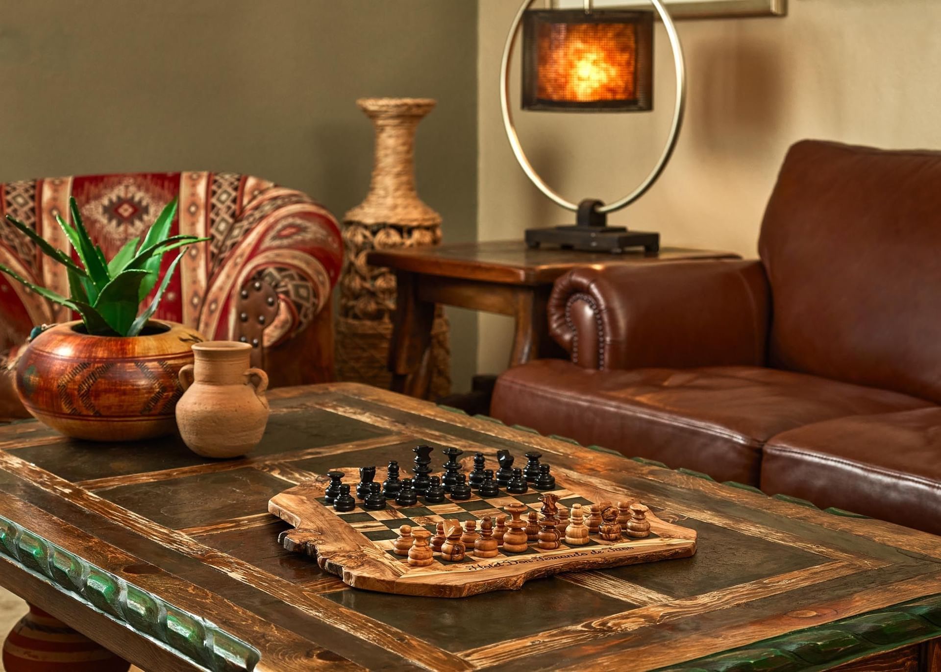 chess set in lobby seating area