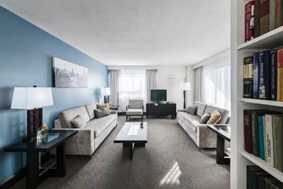 living room with two sofas, book shelf and television on media s