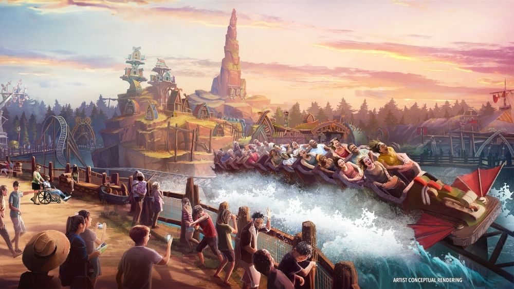 A conceptual rendering of a long train of riders on a dragon-like coaster splashing through water while onlookers watch from a nearby railing. 