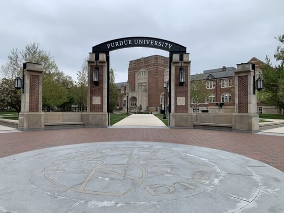 Exterior of Purdue University Entrance near The Whittaker Inn