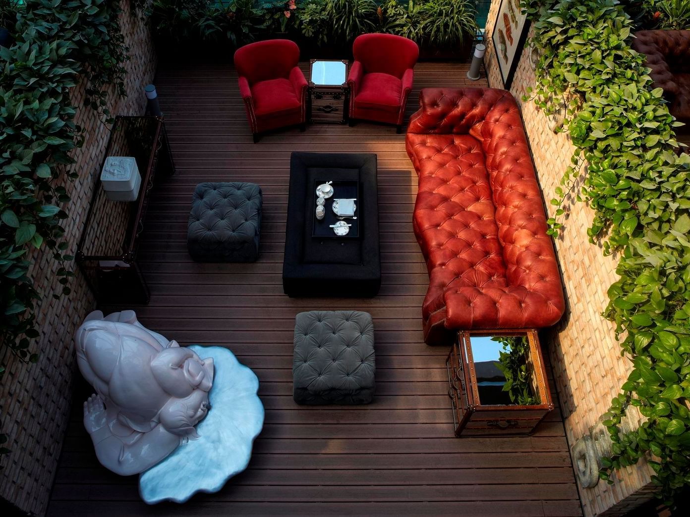View of terrace with sofas in Hotel Eclat Beijing