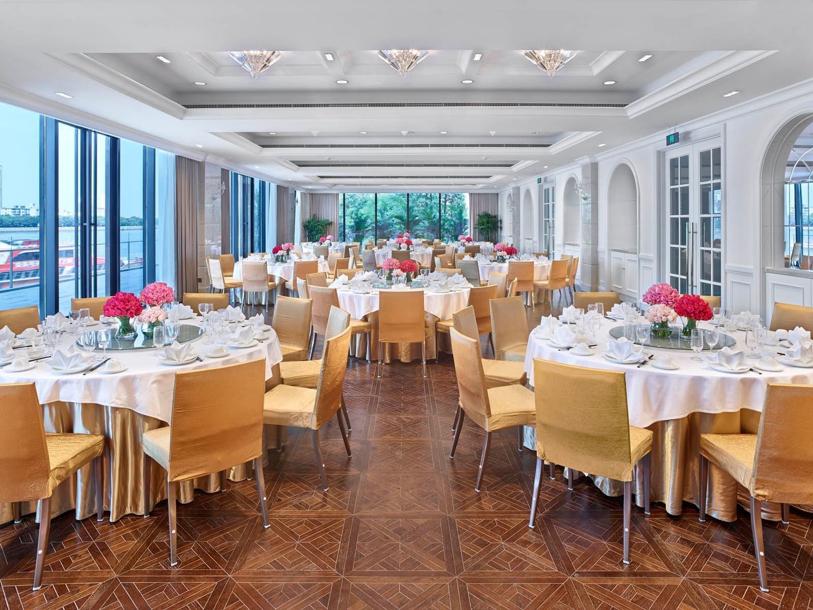 A banquet table setup in Shamian hall at White Swan hotel