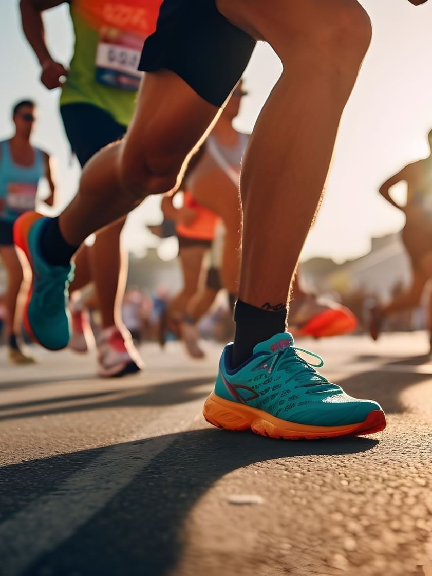 Close-up of marathon runners' feet in colorful sneakers racing on a sunlit city road near Warwick Hotels and Resorts