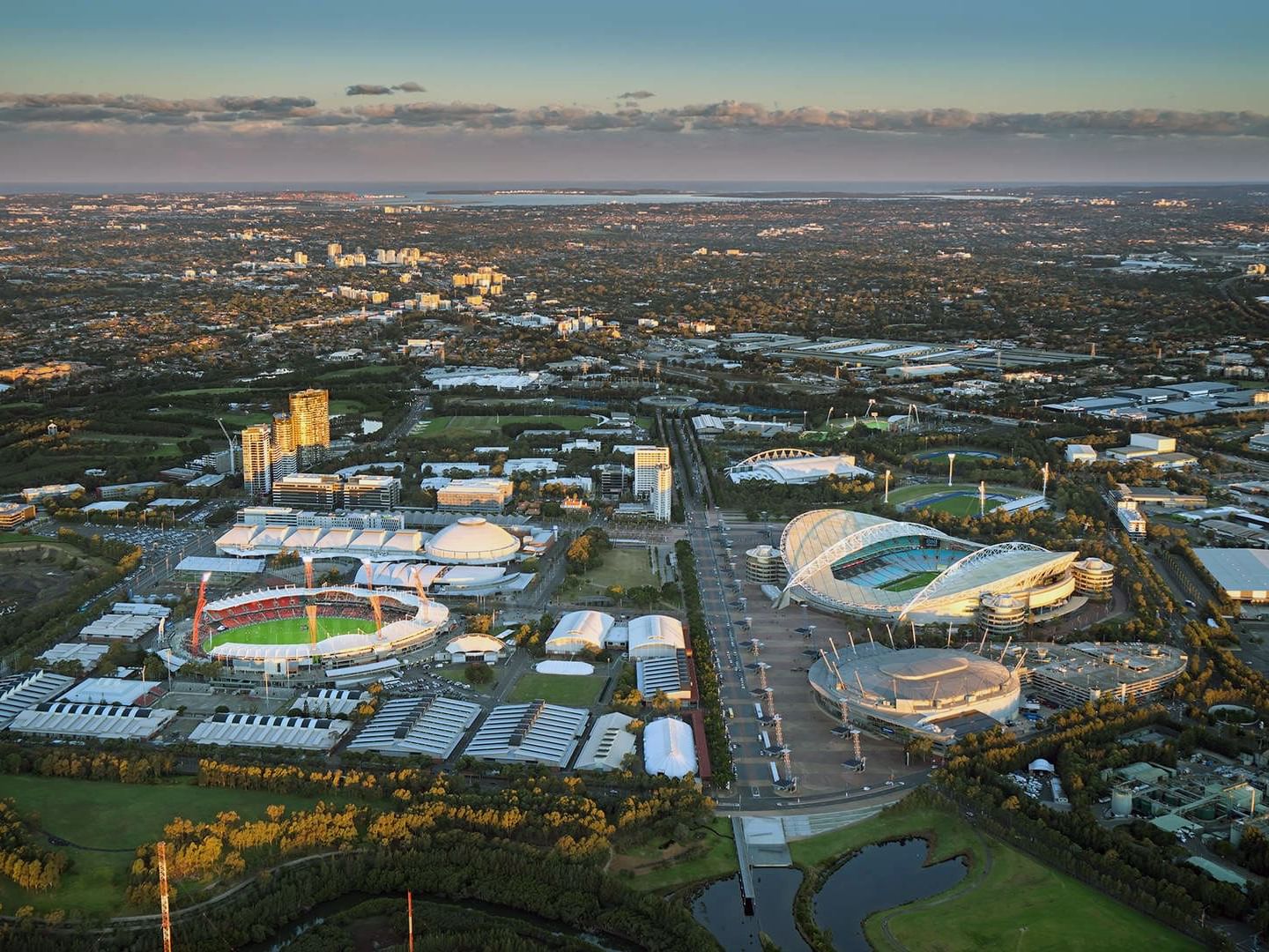 Aerial view of Sydney Olympic Park near Nesuto Hotels