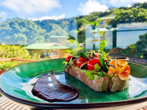 Close-up of a garnished meal in The Fig Restaurant, Ficus Lodge