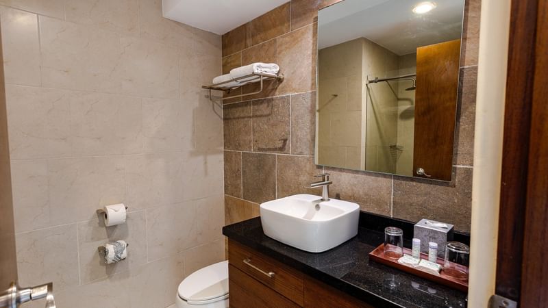 Interior of a bathroom in a hotel room at Gamma Hotels