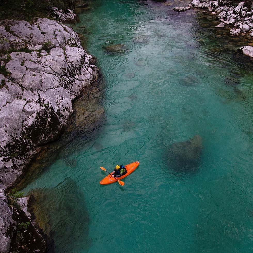 Aerial view of a person kayaking near Falkensteiner Hotels